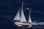Aerial view of S/Y Desiderata racing in Antigua Classic Yacht Regatta 2014.