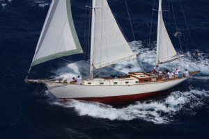 Aerial view of S/Y Desiderata racing in Antigua Classic Yacht Regatta 2014.